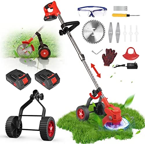 【2023 Upgraded】 Electric Weed Wacker Battery Powered 21V 2000mAh, Cordless Weed Eater Brush Cutter Stringless Grass Trimmer Edger, 3-in-1 Lawn Mower with Wheels, 2 Batteries, 8 Blades