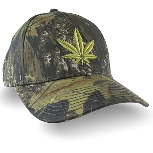 Cannabis Pot Leaf 3D Puff Raised Embroidery on an Adjustable Woodsman Green Camo Baseball Cap with Options to Personalize