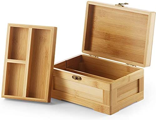 Wooden Stash Box with Rolling Tray Stash Box Combo to Organise your Herbs and Accessories - Rolling Kit with Removable divider - Large stash box and Jewelry box (Bamboo)