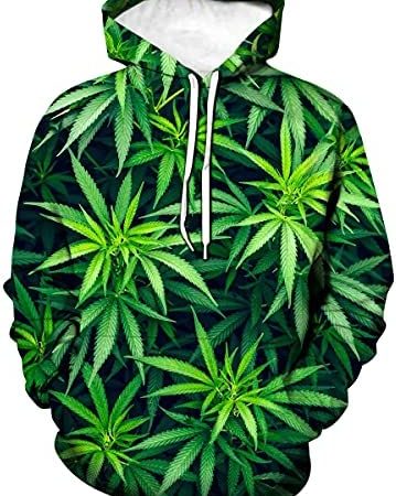 Hisayhe Mens Womens Casual Hoodie Pullover Weed Leaf 3D Printing Graphic Sweatshirt Tops